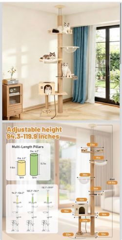 Floor to Ceiling Cat Tree, Tall Wood Pet Tower with Scratching Post