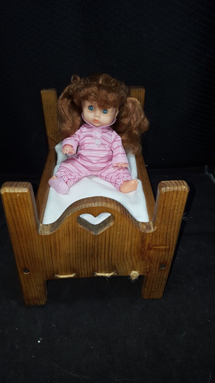 Wood doll bed , praying doll & blanket