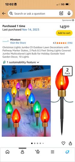 Christmas Lights Jumbo C9 Outdoor Lawn Decorations with Pathway Marker Stakes, 2 Pack 8.5 Feet String Lights Covered Jumbo Multicolored Light Bulb