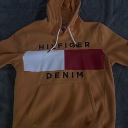 Tommy Hilfiger Denim Yellow Red White Fleece Hoodie Pullover Logo L