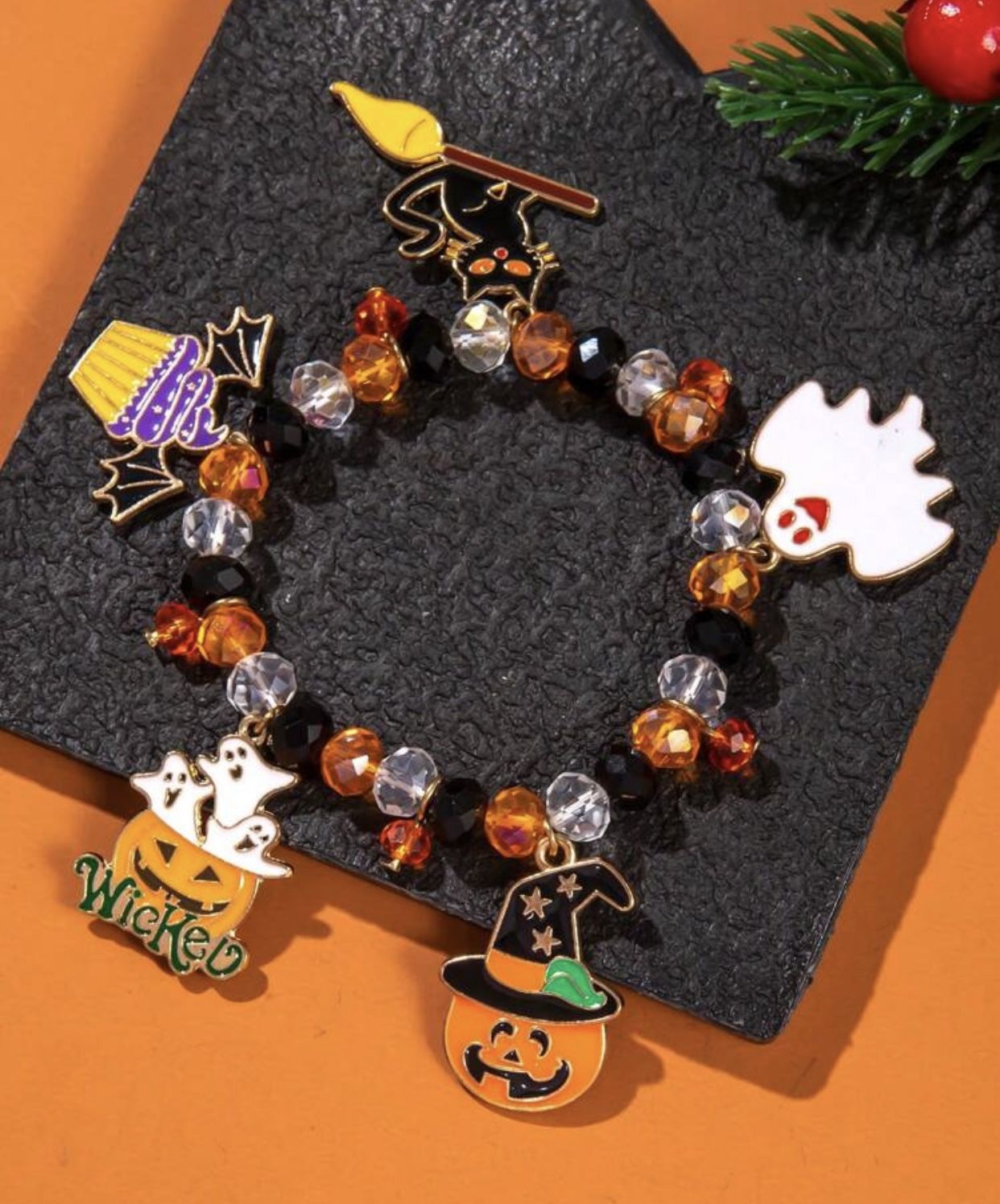 1 pc halloween evil pumpkin lantern and black cat beaded glass bracelet