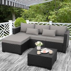 3-Piece Wicker Patio Furniture Set Sectional with Cushions; Ottoman & Table 