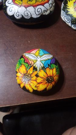 Sunflowers Holy Spirit Rainbow Rock art painting 5" x 6" $15