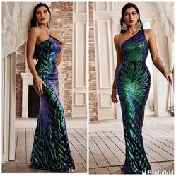 New One Shoulder Holographic Sequin Dresses Evening Formal Gown Dress Size-Medium 