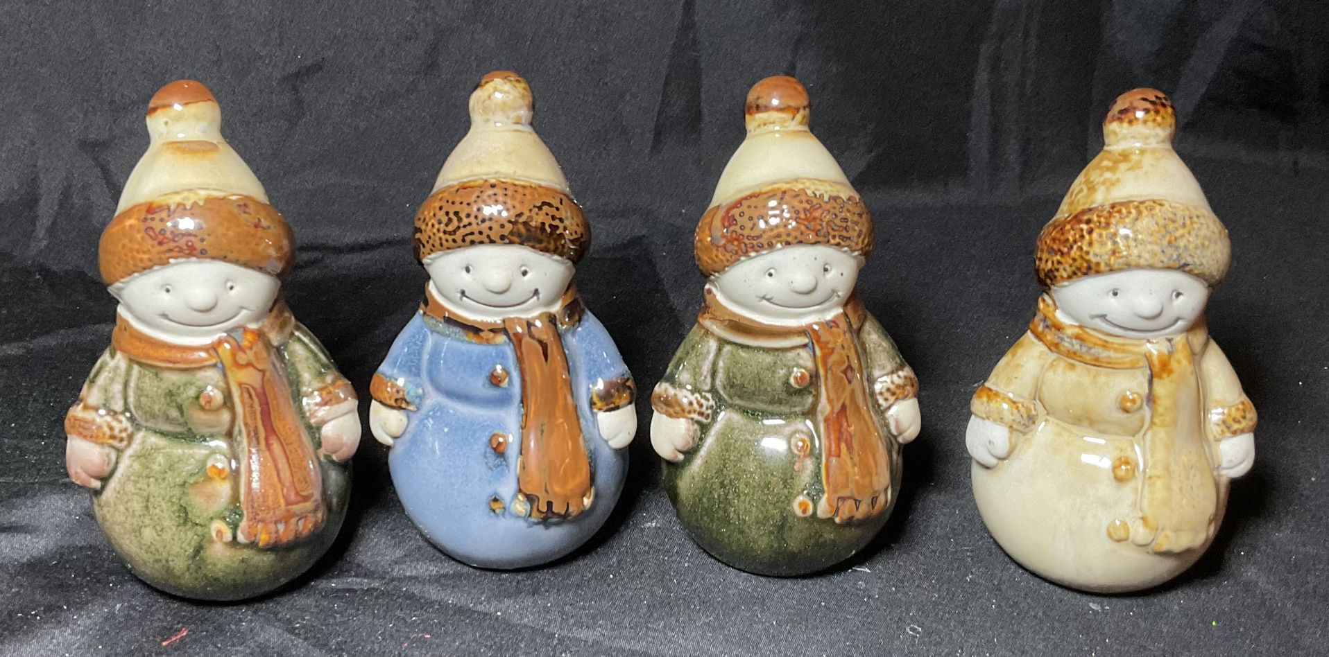 Vintage Snowman Ceramic Porcelain Decor Hat Scarf  Decoration Set Of 4
