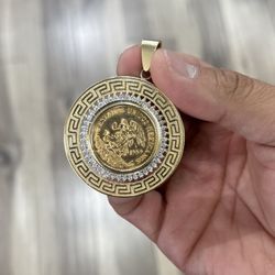 21k Mexican coin 14k Versace diamond bezel Pendant