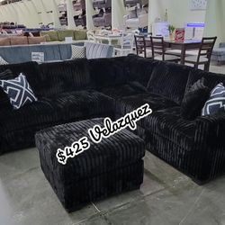 ✅️✅️4 pc black corduroy fabric upholstered sectional sofa with ottoman✅️