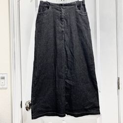 Women's Black Denim Glossy Midi Skirt by AKA Los Angeles Size XS (0-2). Skirt is in great condition and has a shiny material that twinkles in light