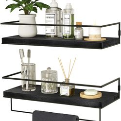 Floating Shelves for Wall Set of 2, Wall Mounted Storage Shelves with Black Metal Frame and Towel Rack for Bathroom, Bedroom, Living Room, Kitchen, Of