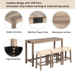 4-Piece Bar Table Set with Power Outlet, Dining Bar Table and Chairs Set,Bar Table Set with 3 Padded Stools for Living Room, Dining Room, Game Room, B