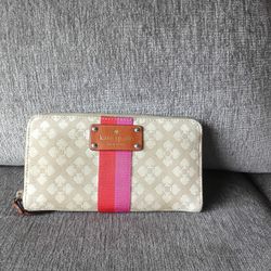Kate Spade New York Gray Brown Canvas Striped Zip Around Credit Card Long Wallet