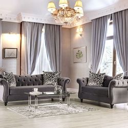 Brand New Super Plush Grey Velvet Sofa & Loveseat (Pillows Included)