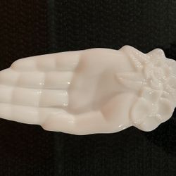 Vintage Avon Milk Glass Hand With Floral Design Pin/Trinket/Soap/Ring Dish 5”