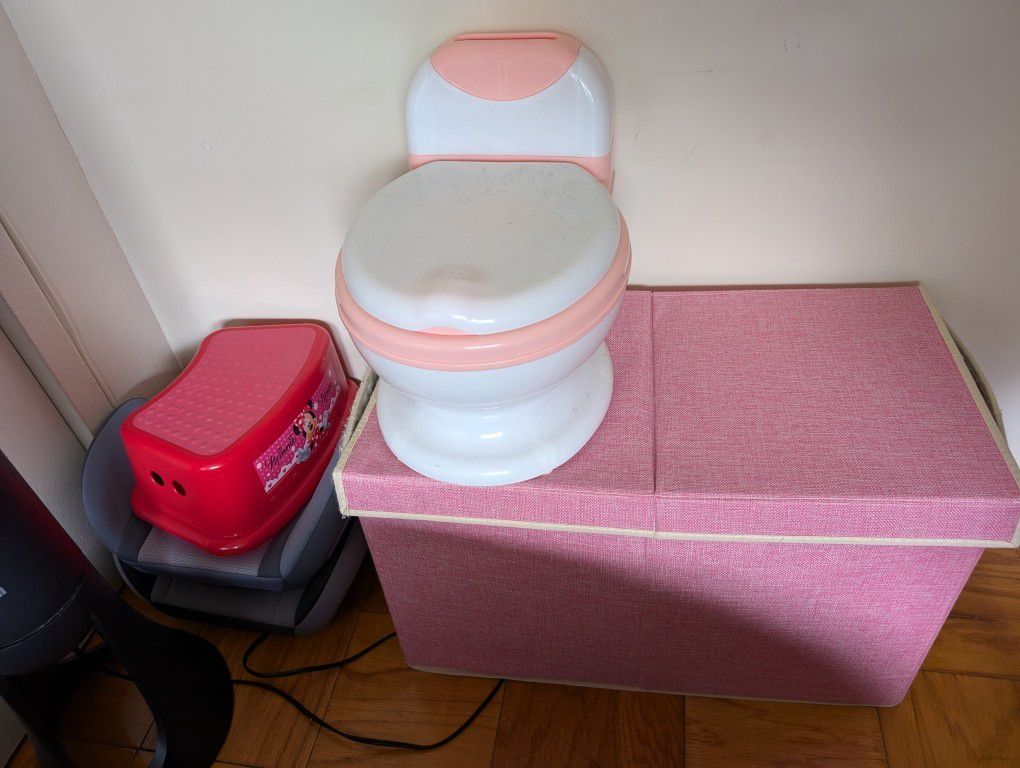 Pink Storage Toy Chest With Toys 2 Booster Chairs, Potty , Step Stool