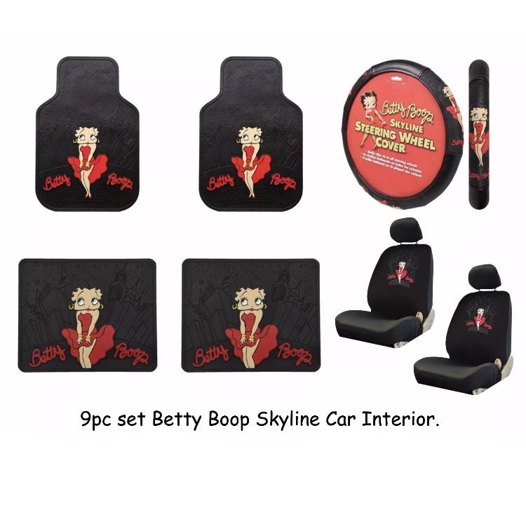 Betty Boop Skyline Front & Rear Floor Mats, Low Back Seat Covers + Steering Wheel Cover