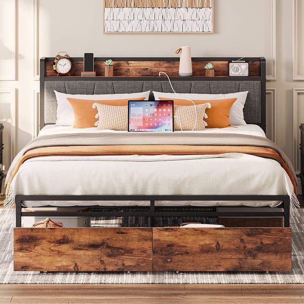 Queen Bed Frame, Storage Headboard with Charging Station, Platform Bed with Drawers, No Box Spring Needed, Easy Assembly