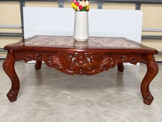 Elegant Heavy-Duty Carved Wood Coffee Table with Marble-Style Top