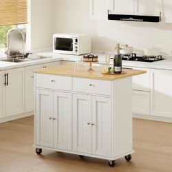 Kitchen Island with Drop Leaf, Rolling Kitchen Cart with Storage on Wheels, Table Bar Cart for Kitchen with Towel Rack & Seating Area for Dining Room,