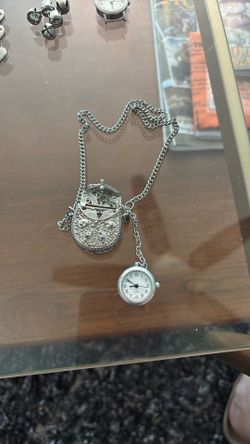 Vintage Silver Tone Purse Pocket Watch Filigree Victorian Revival Necklace