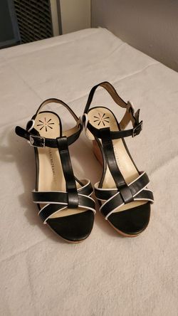 ISAAC MIZRAHI LIVE! Black & White Sandals w/Cork Wedge Heels