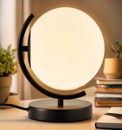 Modern Globe Table Lamp - 7.1" Opal Glass Shade, Black Metal Base - Mid Century Small Lamp for Bedroom Nightstand, Office Desk - Plug-in with 5.9FT Co