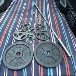 SET OF  OLYMPIC  PLATES  &  7  FOOT / 45 LB. BARBELL BAR (PAIRS OF)  :  35s  10s  5s  2.5s 