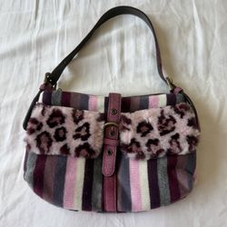 Brand New Y2K Fairycore Leopard Faux Fur Shoulder Bag – Pink/Burgundy Stripe Knit • Vintage-Inspired Statement Purse ✨🐆