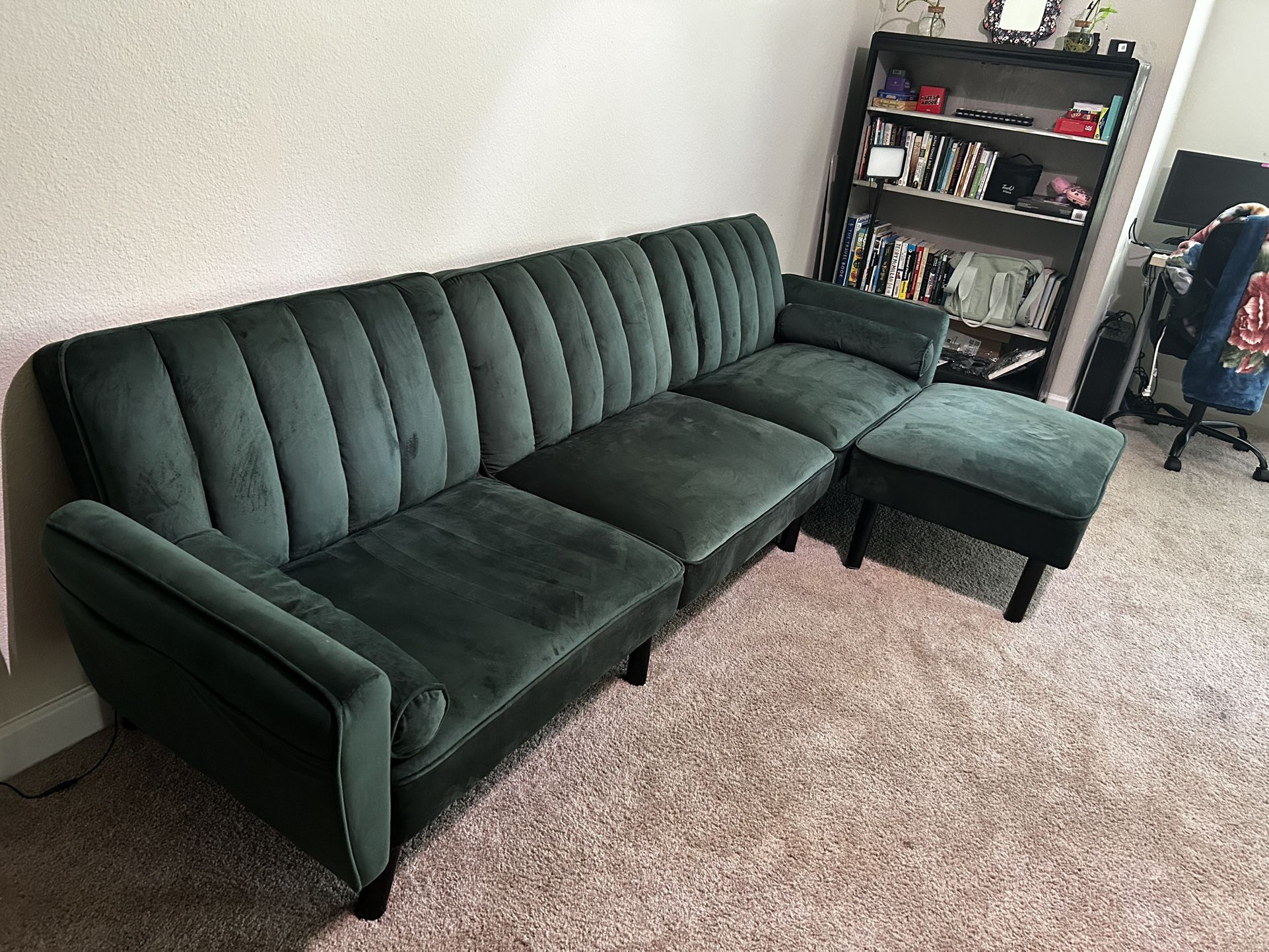 Green velvet Couch With Ottoman