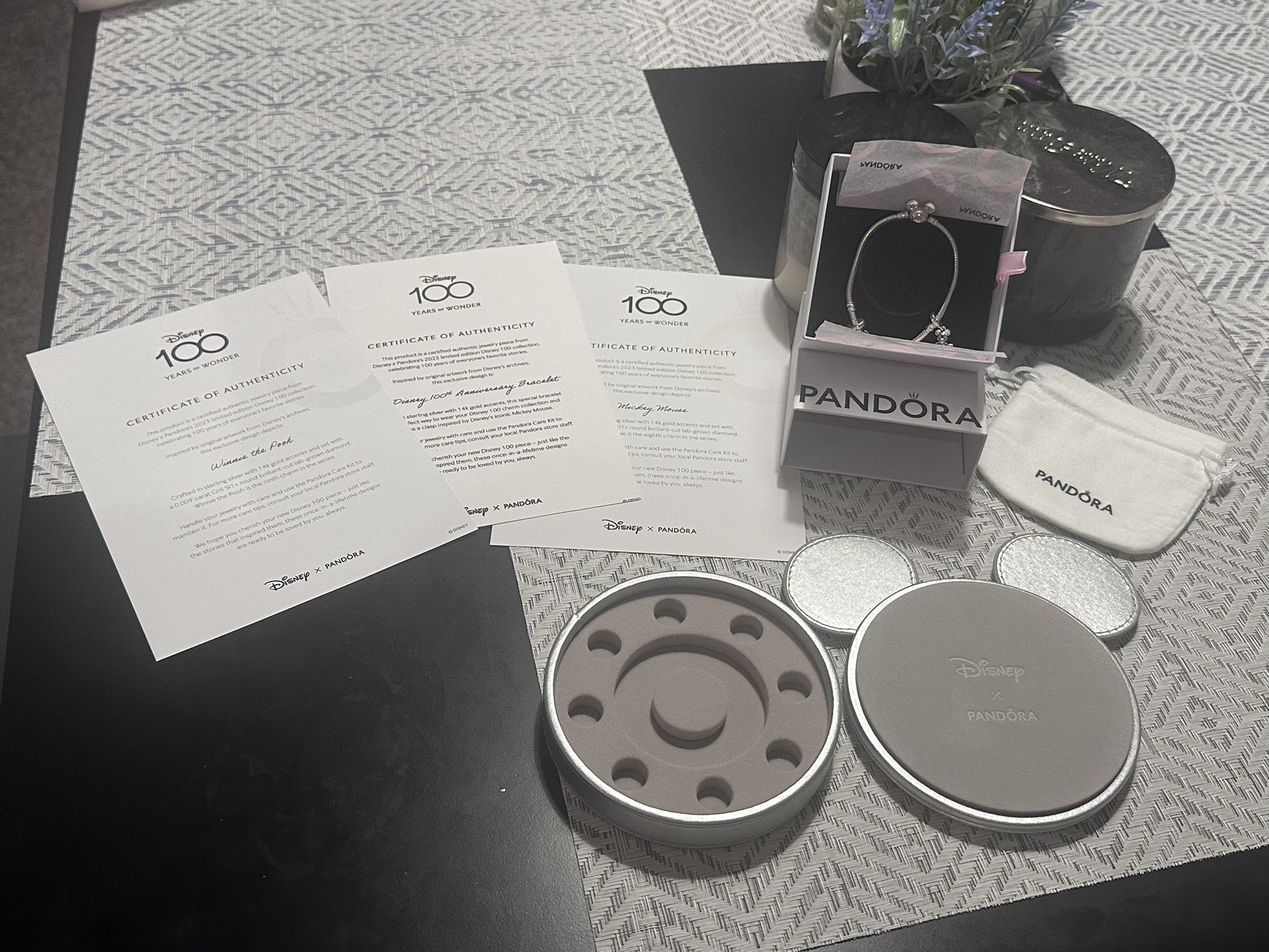 BRAND NEW Pandora Bracelet, Disney’s 100th Anniversary Edition, 3 Charms, Certificates of Authenticity Included