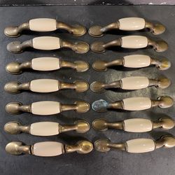Vintage Brass/Ivory-Ceramic Drawer/Cabinet Handles (Total Of 14)