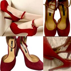 kensie  stunning Red suede round Toe Ankle Strap Stiletto Heel platform Pumps 7
