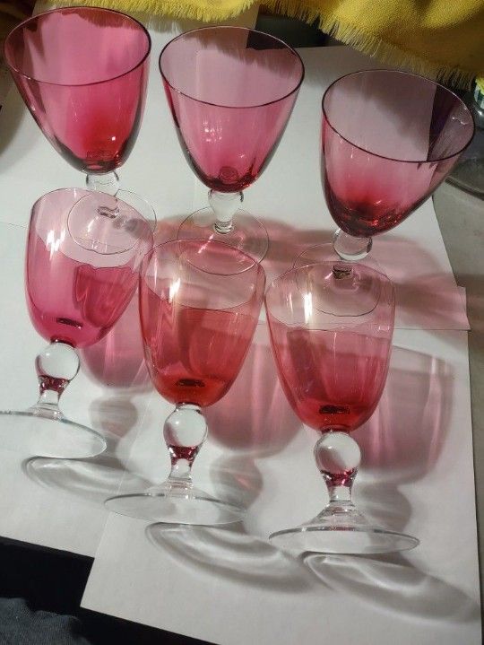 Set Of Six Cranberry Drinking Vintage Glasses
