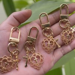 cross & heart key chain ring