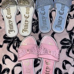 Juicy Couture Rhinestone Slide Sandals (3 Pairs – White, Blue & Pink)