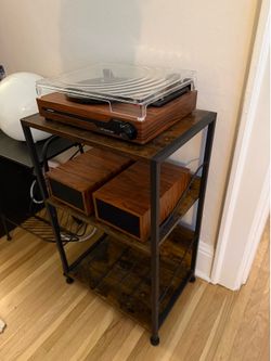 Record player + speakers + record cabinet