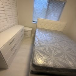 Queen Size Bed Frame With Mattress And 1 Nightstand And Dresser And Mirror All New Furniture Free Delivery Free Installed 