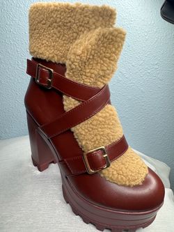 Platform Heel Boot with Shearling and Buckle Straps