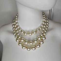 Womens Layered Faux Pearl Statement Necklace With Gold Tone Accents
