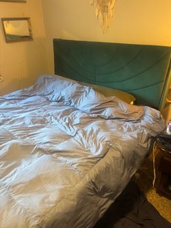 Green Velvet Upholstered Bed Headboard and mattress