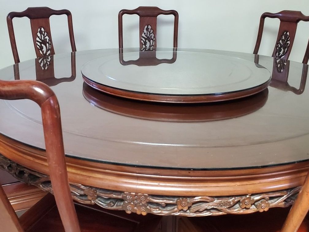 Dark Cherry Rosewood Flower and Bird Round Oriental Dining Set with 8 Chairs