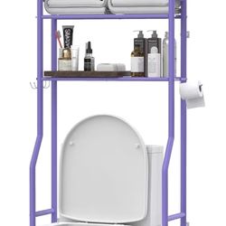 3-Tier Over The Toilet Storage, Freestanding Metal Bathroom Shelves with 4 Hooks, Over Toilet Storage Shelf with Paper Holder, Above The Toilet Shelf 