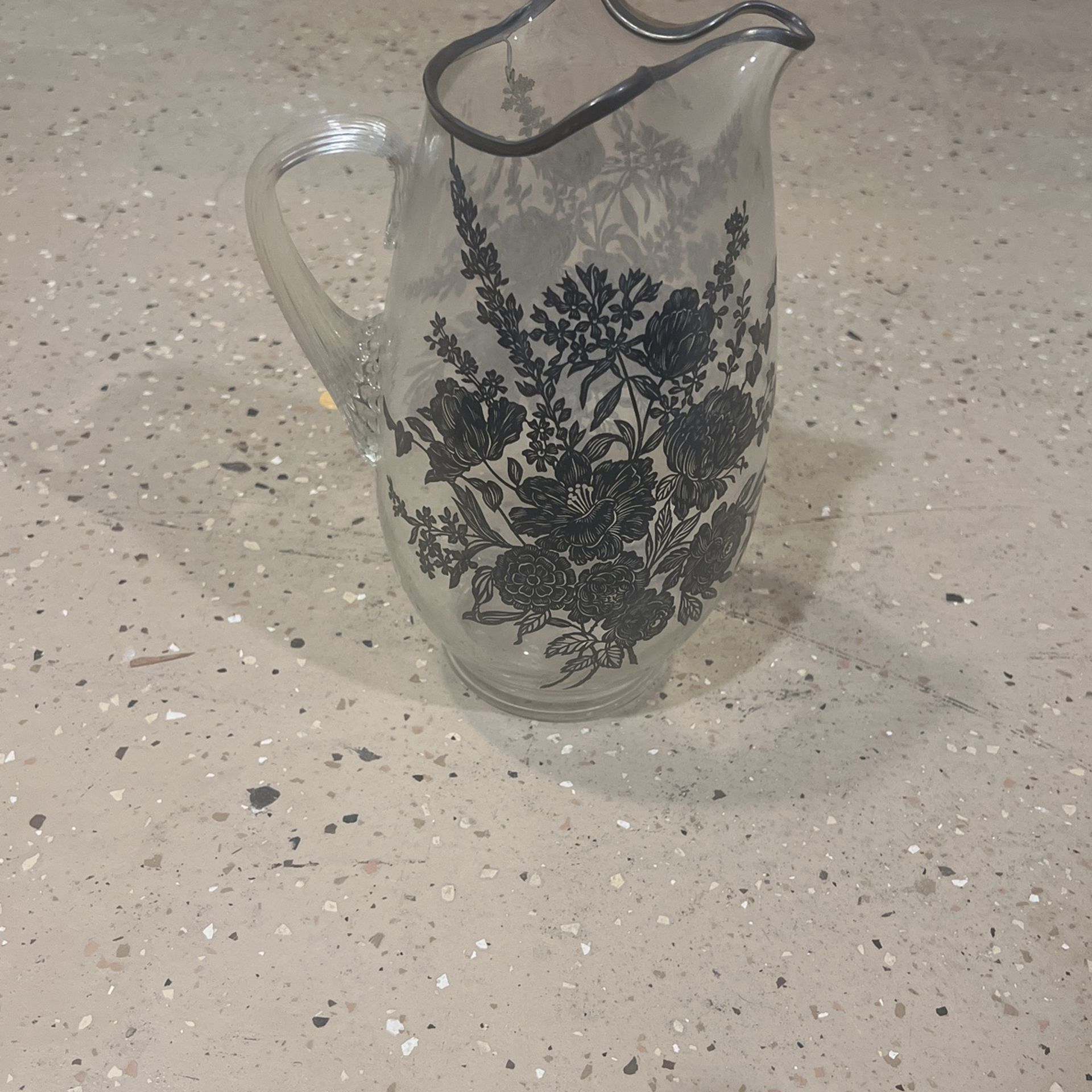 Vintage Tall 10.5" Silver Floral Overlay Silver City Glass Pinched Spout Juice Water Sangria Pitcher