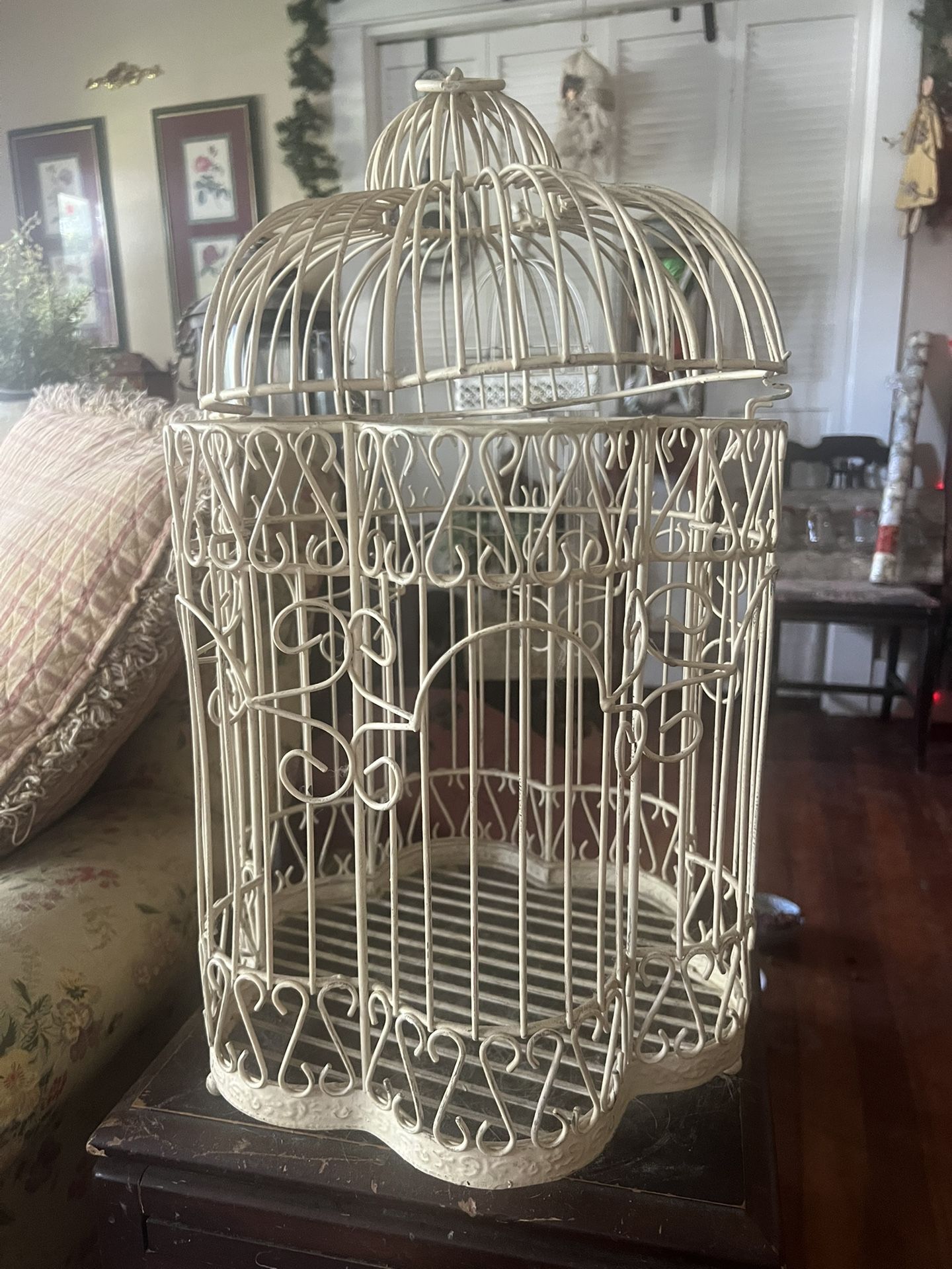 Vintage French-Style Decorative Birdcage – Cream Metal Scrollwork Garden & Home Accent