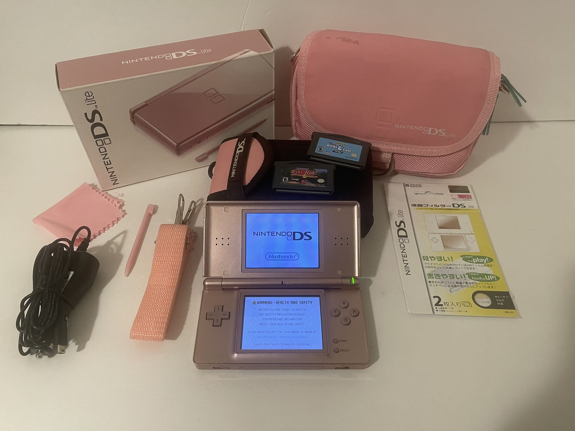 Nintendo Ds Lite Metallic Rose Gold 2 Games Car Charger screen Protector Extra Stylus Cleaning Cloth Two Bags And Box