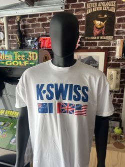 K-Swiss classic OG swag logo white t shirt size Large~ Mens NEW wot
