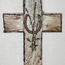 Handmade Pallet Wood Cross With Antique Barb Wire