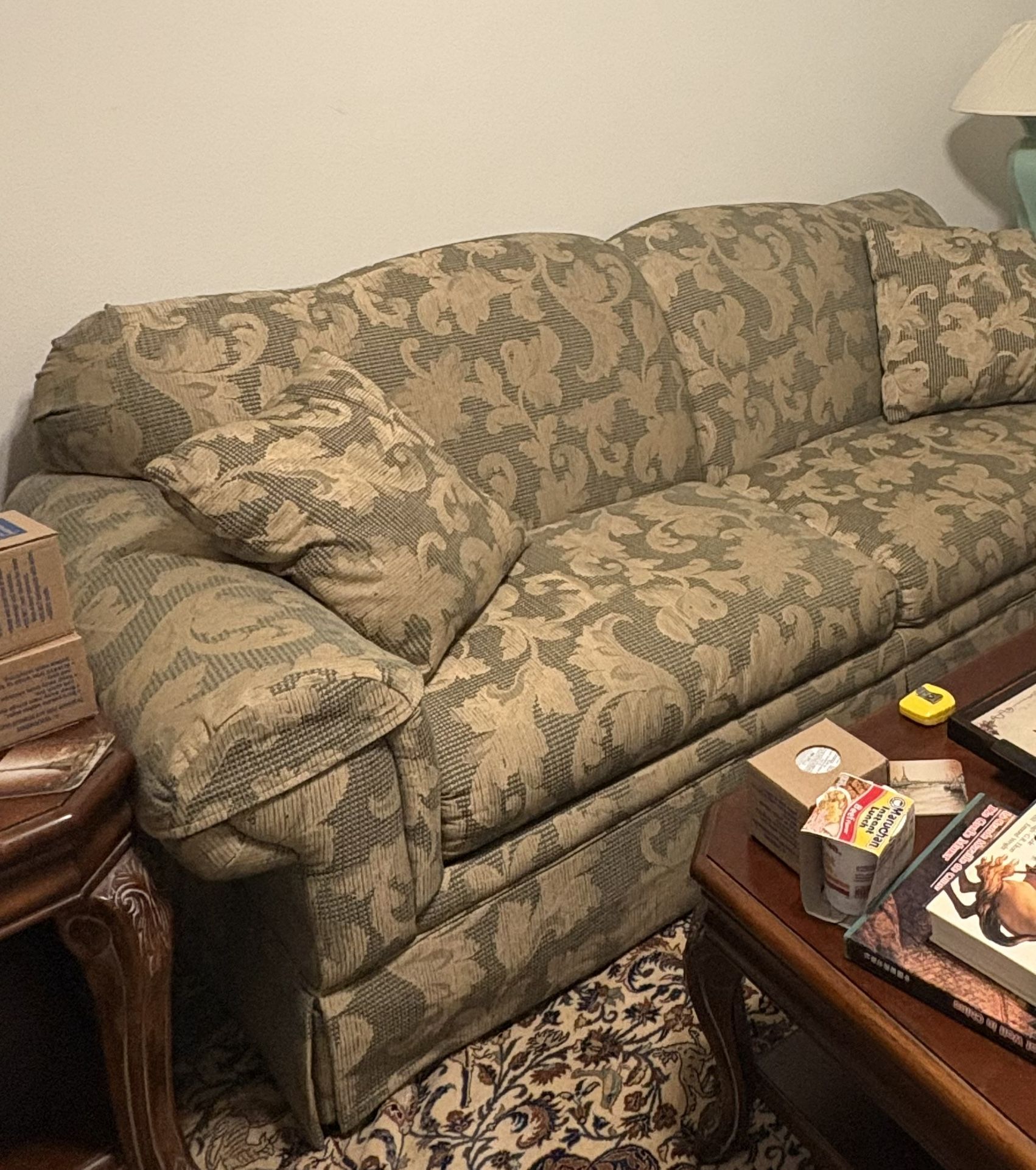 Fabric Loveseat Sofa With  Green And Yellowish Gold  Flower DesignLoveseat Sofa With Metal Folding Bed 