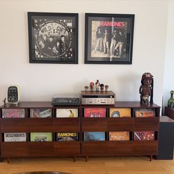 Wood record cabinet credenza w/ pull out drawers Danish modern style