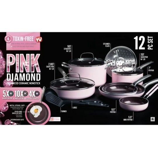 PINK DIAMOND Toxin-Free Ceramic and Dishwasher Safe 12-Piece Pots and Pans Cookware Set (Color: Pink)
