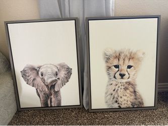 Two framed nursery canvas baby animal cheetah and elephant art pieces